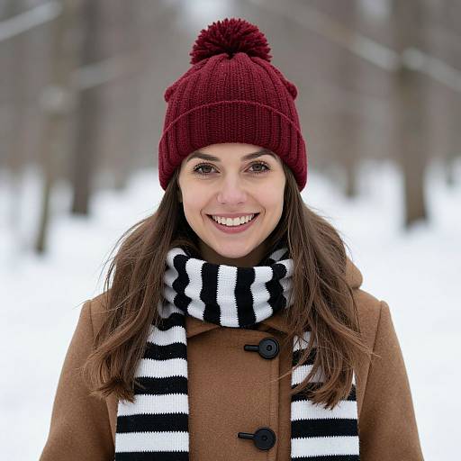 Photograph of a smiling woman with fair skin, brown eyes, and long brown hair, wearing a red knit beanie, brown coat, and black