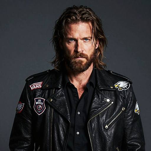 Photograph of rugged, blue-eyed man with wet, wavy brown hair and beard, wearing black leather jacket adorned with various patches, against dark grey