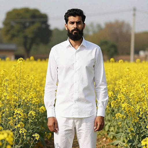 Photograph of a bearded Indian man with medium brown skin, wearing a white long-sleeve shirt and pants, standing in a vibrant yellow mustard