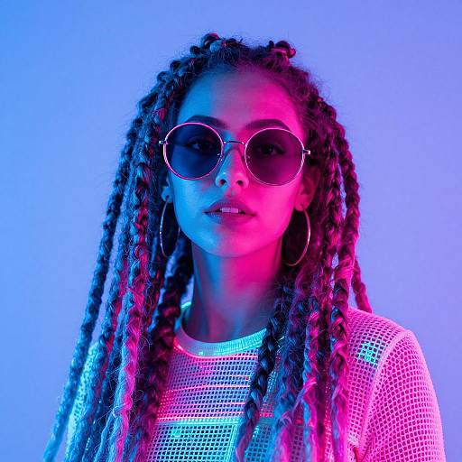 Photograph of a black woman with long dreadlocks, wearing round sunglasses and a white mesh top, illuminated by blue and pink neon lights.