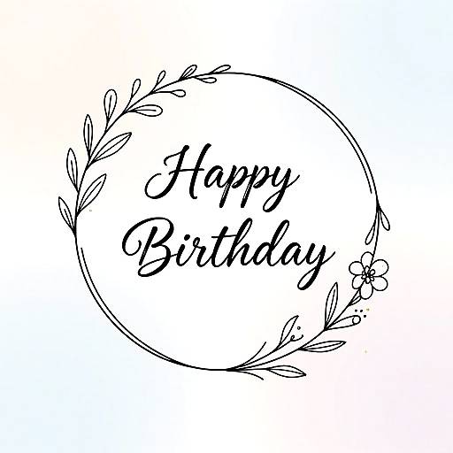 Black and white digital drawing of a circular frame with floral accents, containing the handwritten text 