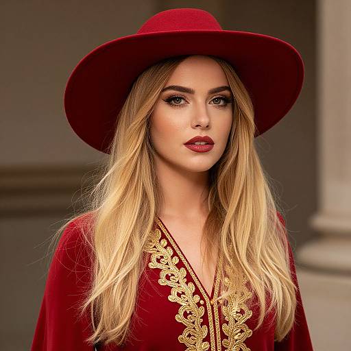 Blonde Woman in Red Embroidered Dress