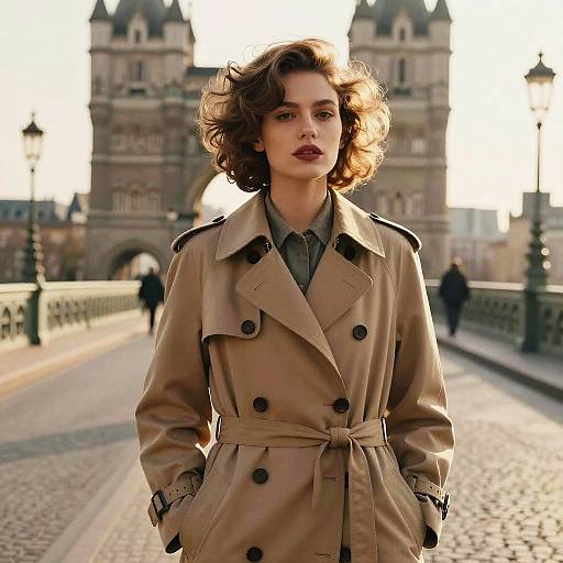 Photograph of a curly-haired woman in a beige trench coat, standing on a cobblestone bridge with a castle in the background.