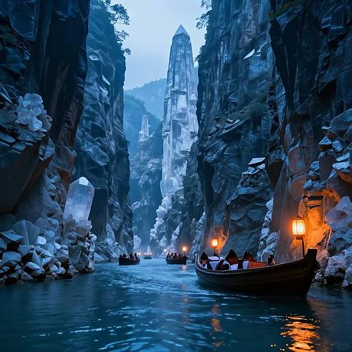 Digital artwork of a mystical, blue-lit canyon with towering rock cliffs, cascading waterfall, illuminated boats, and glowing lanterns, evoking an