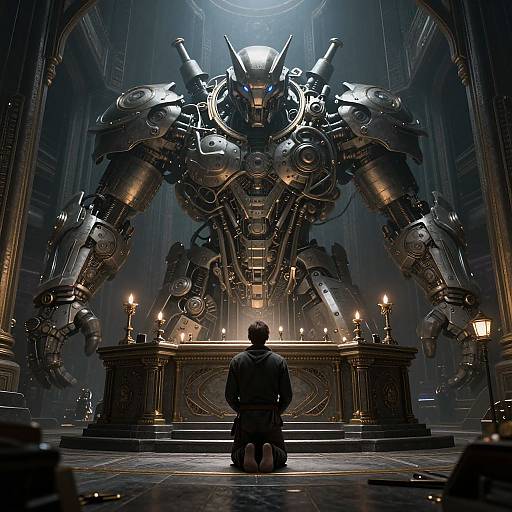 CGI image of a silhouetted figure kneeling before a massive, glowing, metallic robot in a dimly lit, cathedral-like room with candles