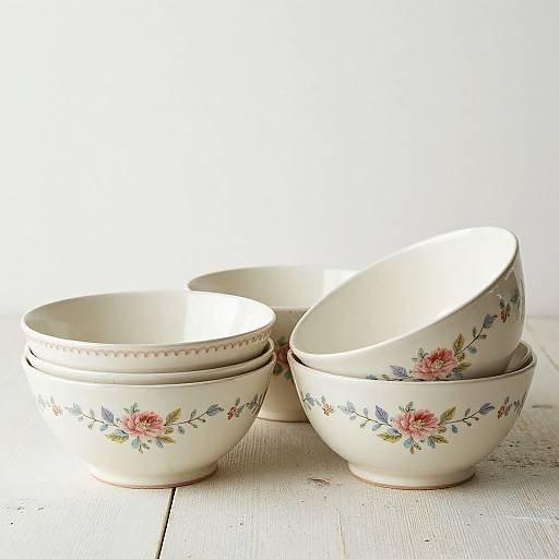 Photograph of stacked floral-patterned ceramic bowls with pink roses and green leaves on white wooden surface, bright white background.
