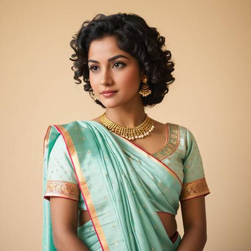Woman in Classic South Indian Saree with Curly Hair