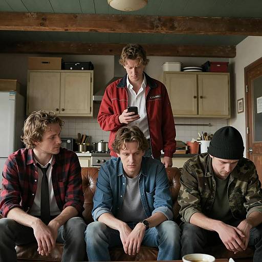 Group of Men in Worn Kitchen