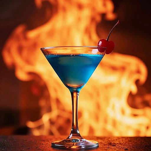 Photograph of a vibrant blue cocktail with a cherry garnish, in a martini glass, set against a roaring orange and yellow fire.