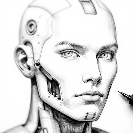 Black-and-white digital drawing of a humanoid robot with a human-like face, featuring intricate mechanical details, sharp eyes, and a neutral expression.