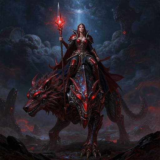 Digital fantasy artwork of a dark armored warrior with glowing red eyes, holding a red-tipped staff, riding a fierce red-eyed wolf. Dark, cloudy