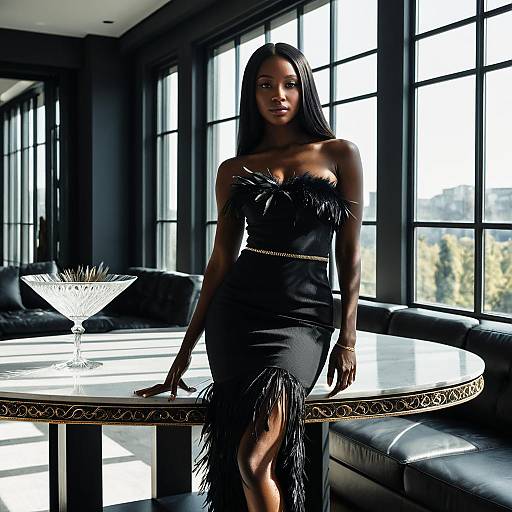 Elegant Woman in Strapless Black Feather-Trim Dress
