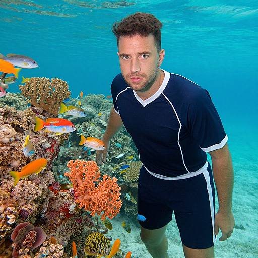 Photograph of a bearded man in black wetsuit with white trim, standing underwater amid colorful coral and vibrant orange and yellow fish. Blue ocean