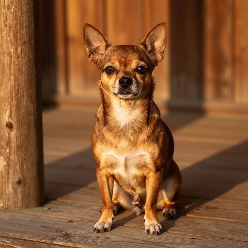 Photograph of a small, alert Chihuahua with brown and white fur, sitting on a sunlit wooden porch, with a wooden post in