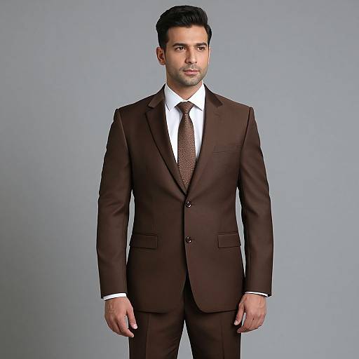 Photograph of a handsome, young Middle Eastern man with short, dark hair, wearing a brown suit, white shirt, and brown tie, standing against