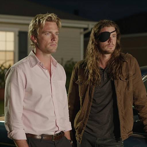 Two Men at Night Under Dim Lights