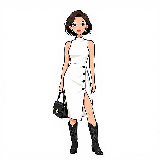 Digital illustration of a stylish woman with short brown hair, wearing a sleeveless white dress with black buttons, black boots, and holding a black handbag
