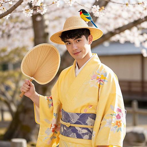 Confident Young Man in Yellow Kimono