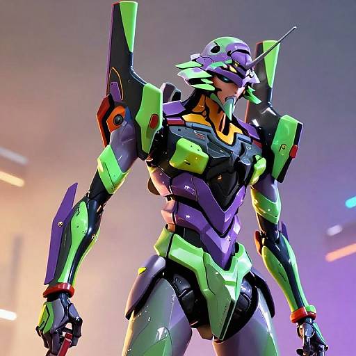 Digital CGI of a futuristic, neon-lit, humanoid mech with green and black armor, sharp angular design, and glowing purple accents, standing powerfully