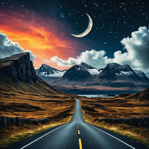 Two-Lane Road Toward Isle of Skye Mountains at Night