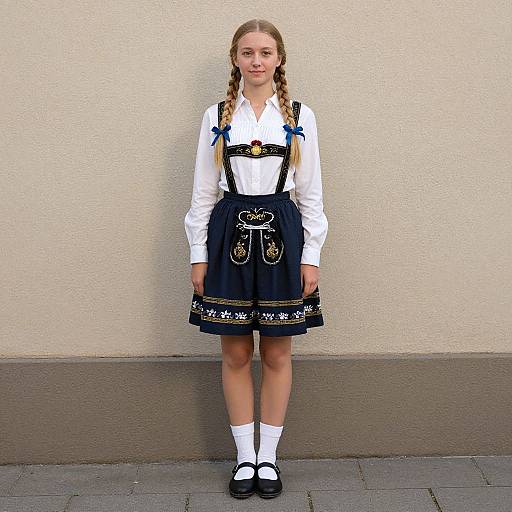 Photograph of a young girl with blonde braids, wearing a white blouse, black embroidered dress, blue bows, white socks, and black shoes,