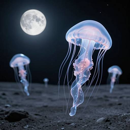 Photograph of glowing blue jellyfish with translucent umbrellas and trailing tentacles, floating against a dark night sky with a bright full moon, above a