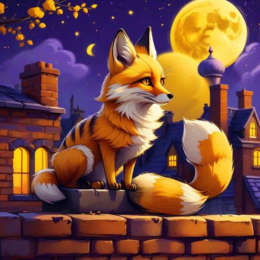 Whimsical Striped Fox Under Yellow Moon