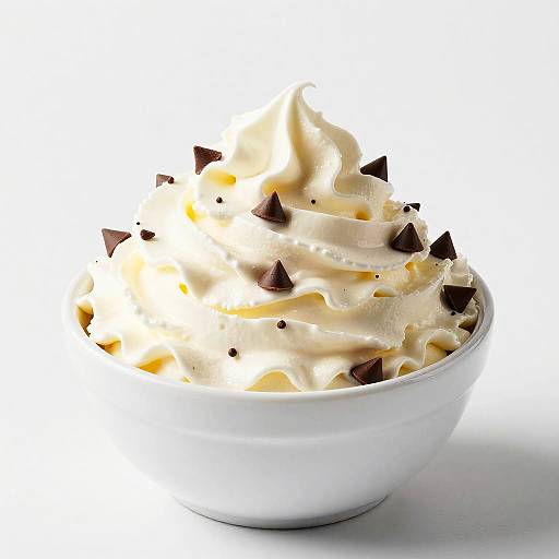 Photograph of a white ceramic bowl filled with creamy vanilla ice cream topped with scattered dark chocolate chips, against a bright white background.