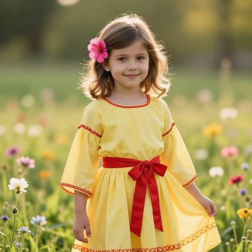 Photograph of a young girl with light brown hair, wearing a yellow dress with red trim and ribbon, pink flower in hair, standing in a sun