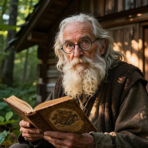 Photograph of an elderly man with a long white beard, round glasses, and brown robe, reading an old book outdoors in front of a wooden cabin