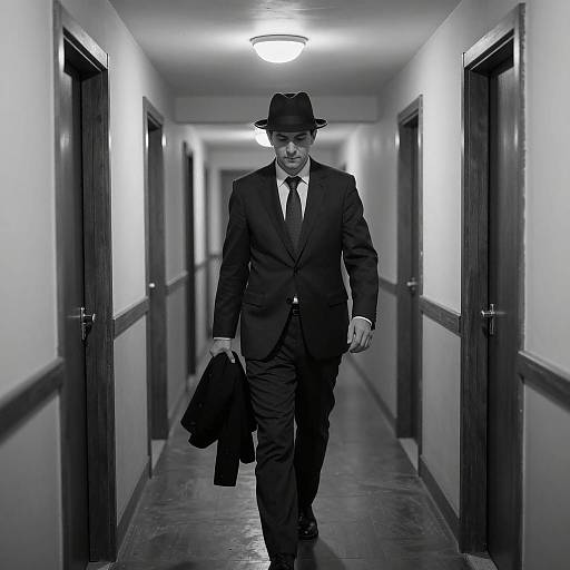 Man in Suit Walking Down Dimly Lit Hallway