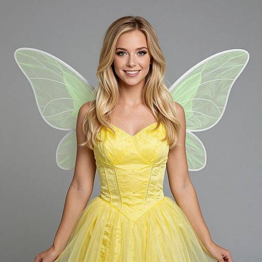 Photograph of a smiling blonde woman in a yellow fairy dress with translucent, glowing wings, standing against a plain gray background.