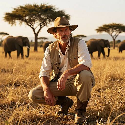 Photograph of a rugged, bearded man in safari gear, crouching in golden grassland, wearing a hat, with African elephants and ac