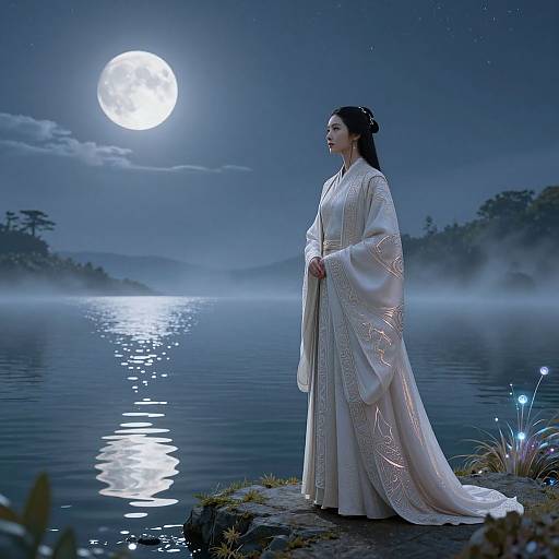 Photograph-style digital art of an Asian woman in a white, ornate robe, standing by a moonlit, misty lake, gazing at