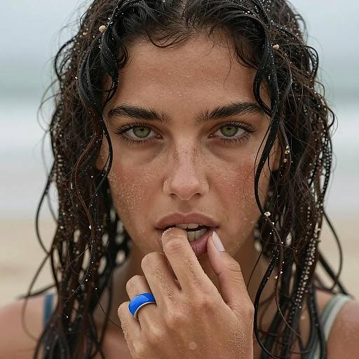 Intense Close-Up of a Wet-Faced Woman
