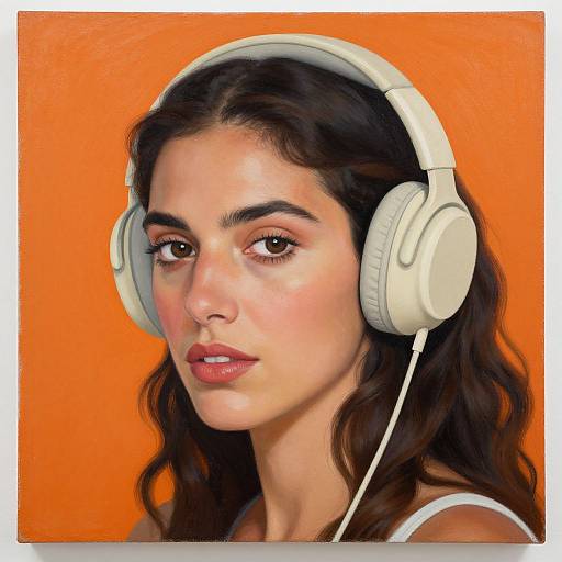 Digital portrait of a young woman with dark wavy hair, wearing white headphones, against a bright orange background, looking forward.