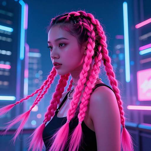 Cyberpunk photograph of a young Asian woman with bright pink braided hair, wearing a black tank top, against neon-lit cityscape.