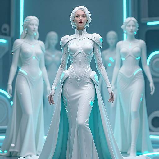CGI image of a futuristic, white, glowing, form-fitting gown-wearing woman with short blonde hair, surrounded by four white statues in a