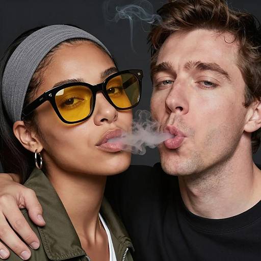 Close-Up Portrait of Smoke Exhaling Couple