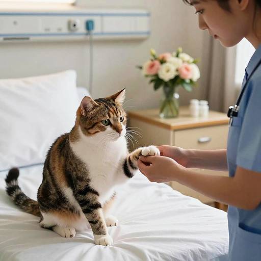 Photograph of a veterinarian in blue scrubs gently trimming a tabby and white cat's paw on a white bed in a bright, flower-decor