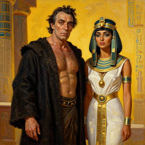 Digital painting of a muscular, shirtless man in a black fur robe beside an Egyptian woman in white dress and headdress.