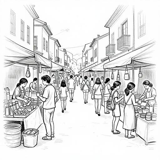 Black-and-white line drawing of a busy outdoor market with people shopping and vendors selling goods in a narrow street.