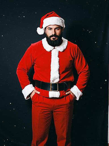 Photograph of a bearded man with a dark complexion, wearing a red Santa suit with white trim, black belt, and Santa hat, standing confidently