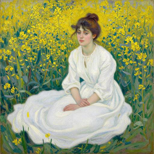 Impressionist painting of a young woman with fair skin and brown hair in a bun, wearing a white dress, sitting in a vibrant yellow flower field