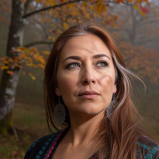 Photograph of a woman with long brown hair, green eyes, wearing ornate silver earrings, standing in a foggy autumn forest.
