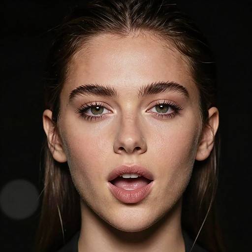Close-up photograph of a young woman with fair skin, blue eyes, and full lips, against a black background. She has straight brown hair, slightly