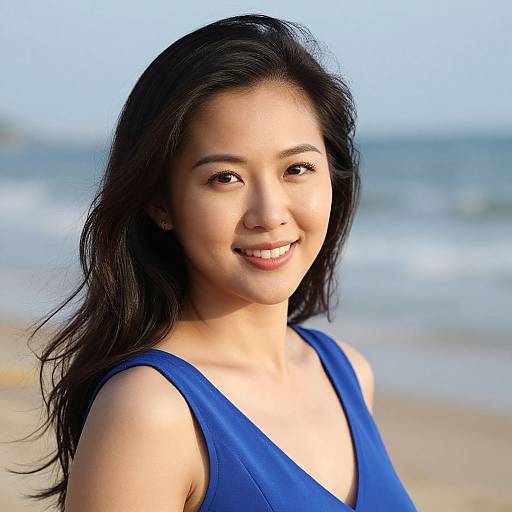 Photograph of an Asian woman with long black hair, smiling, wearing a blue sleeveless top, standing on a sunny beach with ocean waves in the