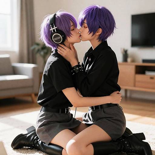 Playful Yuri Embrace in Modern Apartment