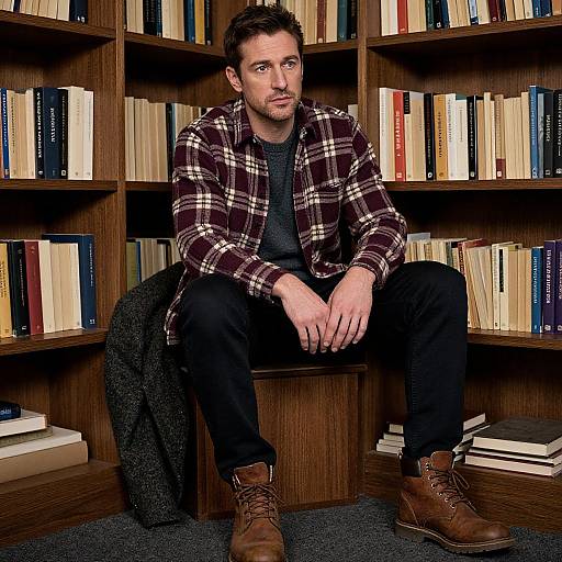 Photograph of a bearded man with short brown hair, wearing a plaid shirt, black t-shirt, black pants, and brown boots, sitting