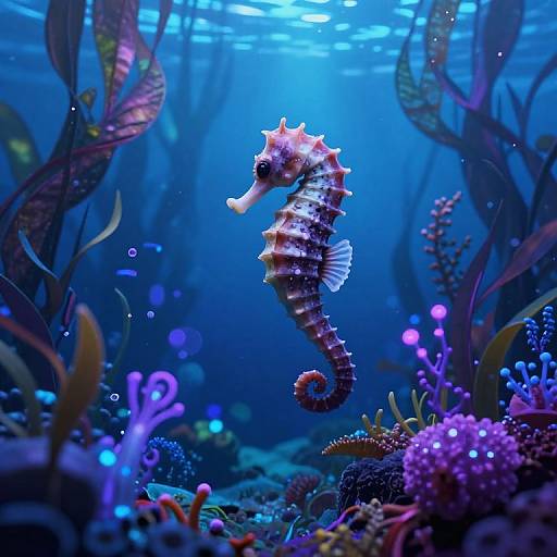 Photograph of a vibrant, pink-and-white seahorse with a curled tail, swimming in a vivid blue, bioluminescent underwater coral reef